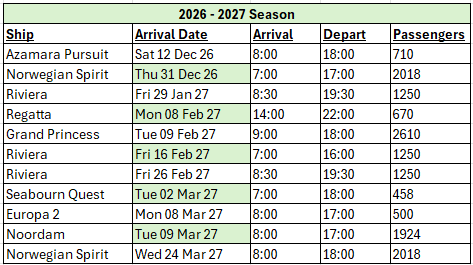 Cruise ship schedule 2026-2027