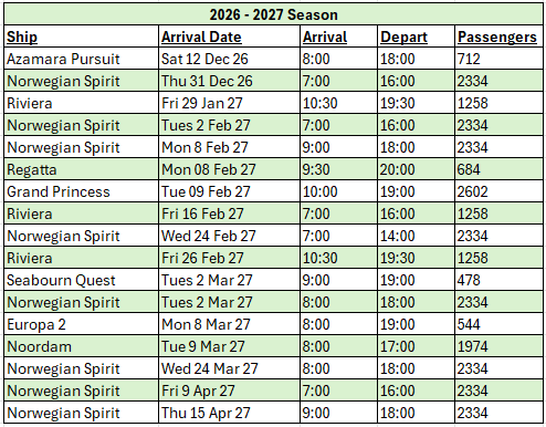 Cruise ship schedule 2026-2027